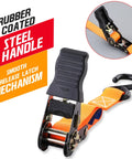 Built Tough As Nails Heavy Duty Ratchet Straps feature rubber coated steel handle and smooth release latch mechanism for ease of use.