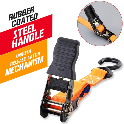 Built Tough As Nails Heavy Duty Ratchet Straps feature rubber coated steel handle and smooth release latch mechanism for ease of use.