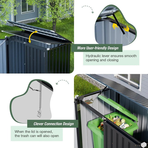 Heavy Duty Outdoor Trash Can Storage Shed With Bike Shed Design, Rugged Galvanized Steel Construction, Weatherproof Chain Lid