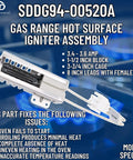 Gas Range Hot Surface Igniter Assembly Replacement For Specific Models Only - 3.4-3.6 Amp - 8 Inch Leads With Female Pins.