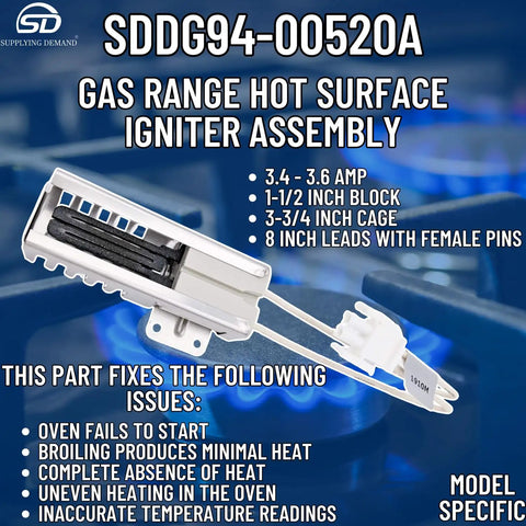 Gas Range Hot Surface Igniter Assembly Replacement For Specific Models Only - 3.4-3.6 Amp - 8 Inch Leads With Female Pins.