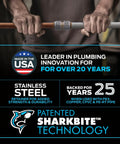 Person holding Max Half Inch Push To Connect Brass Plumbing Coupling Pack Of 4 For PEX Copper CPVC PE RT HDPE SDR9 with SharkBite logo.