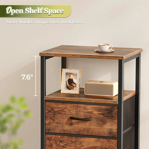Two Drawer Nightstand Set With Open Shelf And Wooden Top Rustic Brown Bedside Table showing shelf space and wooden top.