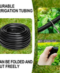 Half Inch Drip Irrigation Tubing 49.2 Feet Main Garden Watering Line shown coiled, being cut and flexible for plant irrigation