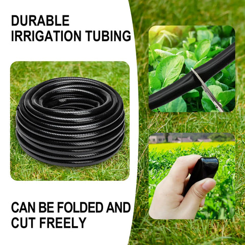 Half Inch Drip Irrigation Tubing 49.2 Feet Main Garden Watering Line shown coiled, being cut and flexible for plant irrigation