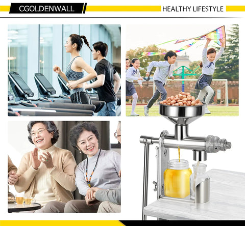 Manual Oil Press Machine for Home Use, Seed and Nut Oil Expeller on table, stainless steel, hand crank, peanut oil extraction visible