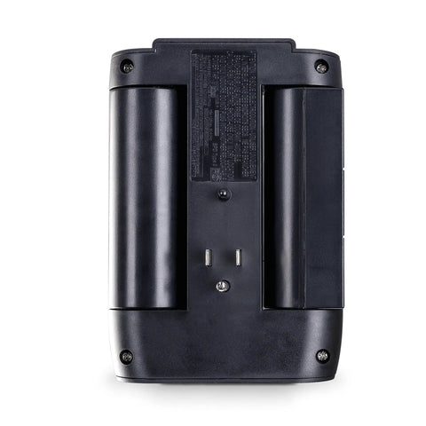 Back view of Six Swivel Outlet Surge Protector With 1200J Surge Protection, 125V, Two USB Ports, wall tap design. Compact and black.