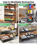 Knockout Heavy Duty Pull Out Cabinet Organizer With Dang Easy Setup And Tough Nano Adhesive For Smooth Glide Pot And Pan Storage Expands From Twelve To Twenty Inch Wide Kitchen Base Riser Rack Set in pantry, garage, bathroom, and kitchen settings.