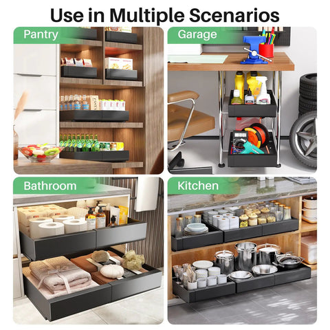 Knockout Heavy Duty Pull Out Cabinet Organizer With Dang Easy Setup And Tough Nano Adhesive For Smooth Glide Pot And Pan Storage Expands From Twelve To Twenty Inch Wide Kitchen Base Riser Rack Set in pantry, garage, bathroom, and kitchen settings.