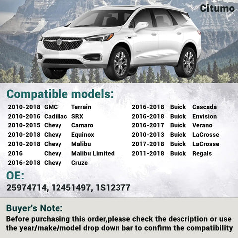 Image of Buick SUV with compatible GM models list and OE numbers for Heavy Duty 8 Way Front Left Power Seat Switch Upgrade With 10 Pin Connector 25974714 Replacement Recline Adjuster For GM Cars And SUVs No Brainer Install Durable Switch For Terrain SRX And More.