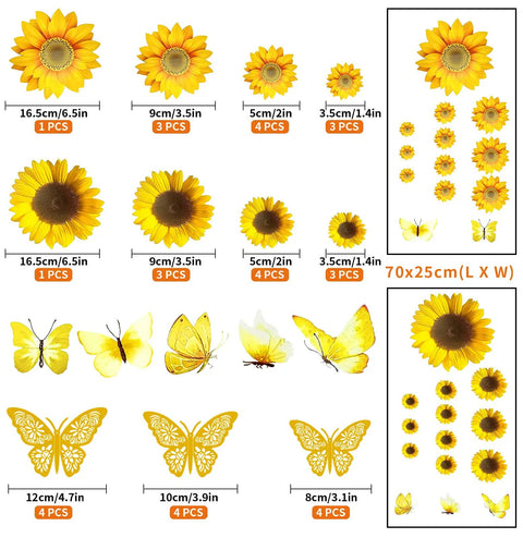 Sunflower Wall Stickers And 3D Gold Butterfly Decals Bundle with 22 Yellow Flowers and 12 Gold Butterflies, two 70x25cm sheets.