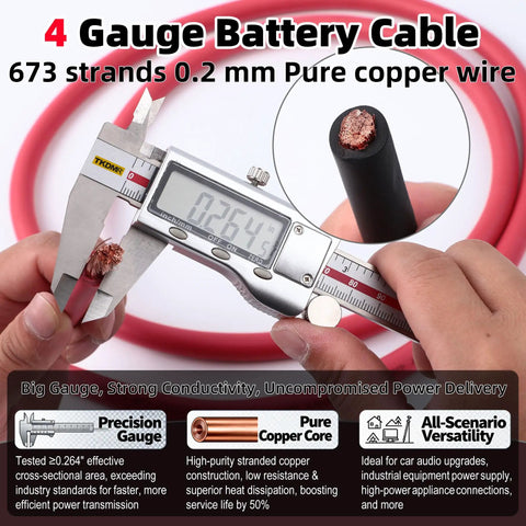 4 Gauge Battery Cable Kit 5ft Red and 5ft Black OFC Pure Copper Wire For Automotive Solar Generator Marine Battery Applications Heavy Duty Weather Resistant 600 Volt Conductive Power Transfer, copper core measured