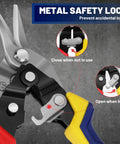 8 Inch Aviation Tin Snips Set Three Piece Left Right And Straight Cut Metal Cutter Shears showing safety lock mechanism