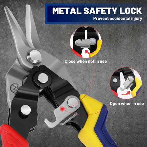 8 Inch Aviation Tin Snips Set Three Piece Left Right And Straight Cut Metal Cutter Shears showing safety lock mechanism