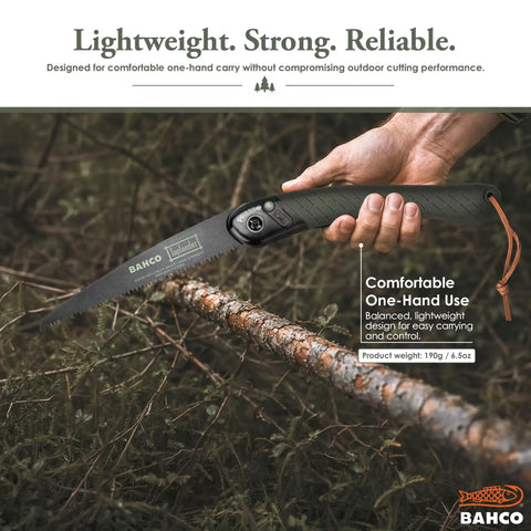Hand holding 7.5 Inch Folding Saw For Bushcraft, Camping, And Trail Maintenance with rust protected blade on branch