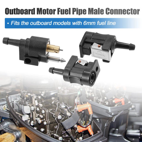 Three Pack Marine Fuel Line Connectors 6mm Female To 6mm Male Quick Connect Fittings with outboard engine background