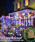 Red White And Blue Outdoor String Lights 2 Pack With Timer 100 LED Total About 33 Ft Waterproof Battery Operated For 4th Of July Memorial Day And Patriotic Decor With 8 Modes displayed on a porch