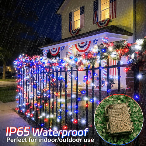 Red White And Blue Outdoor String Lights 2 Pack With Timer 100 LED Total About 33 Ft Waterproof Battery Operated For 4th Of July Memorial Day And Patriotic Decor With 8 Modes displayed on a porch