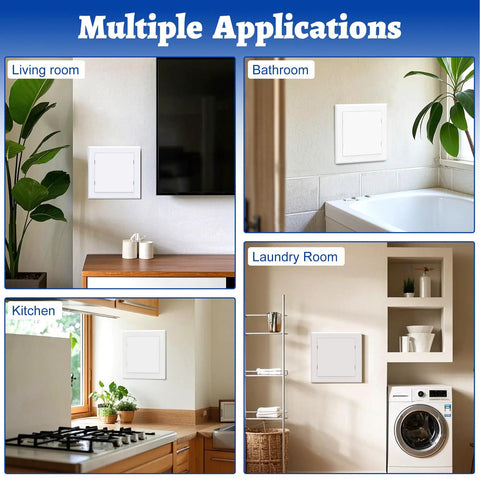 No Sweat Self Adhesive Drywall Access Panel 10 X 10 Inch in bathroom, kitchen, laundry room, and living room applications.