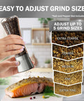 Adjusting grind size on stainless steel salt and pepper grinder with ceramic mills over salmon. Stainless Steel Salt And Pepper Grinder Set Of 2 With Adjustable Ceramic Mills, Tall Clear Glass Shakers For Your Kitchen, A Real Workhorse Spice Mill Includes Funnel And Handy EBook.