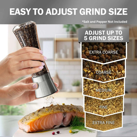 Adjusting grind size on stainless steel salt and pepper grinder with ceramic mills over salmon. Stainless Steel Salt And Pepper Grinder Set Of 2 With Adjustable Ceramic Mills, Tall Clear Glass Shakers For Your Kitchen, A Real Workhorse Spice Mill Includes Funnel And Handy EBook.