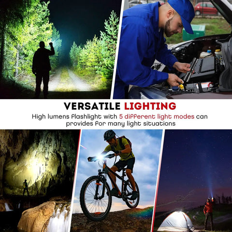 Rechargeable LED Flashlight 20000 Lumen XHP70 Quad Core Handheld Torch with people using it in various outdoor settings and applications.