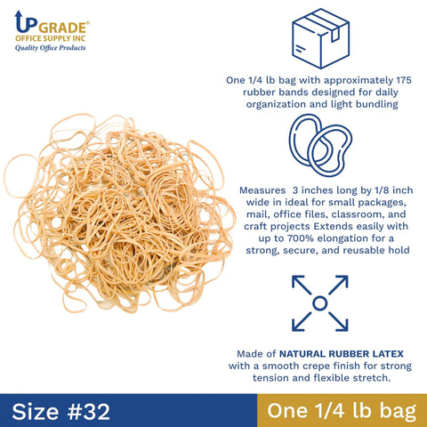 Rubber Bands Size 32 3x1/8 Inches Bulk Pack 175 Bands 1/4 Lb Natural Latex Durable Reusable Office School Bank