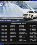 White SUV parked in front of snowy mountains with a list of compatible Cadillac and Chevrolet models and years.