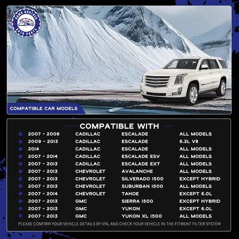 White SUV parked in front of snowy mountains with a list of compatible Cadillac and Chevrolet models and years.