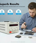 Variable DC Power Supply 0 To 30V 0 To 20A Bench Power Source With Precise Output And LED Readout Real Time Voltage And Current Monitor For Prototyping DIY Electronics Lab Testing And Hands On Projects. Bench DC power supply on desk with technician testing a circuit.