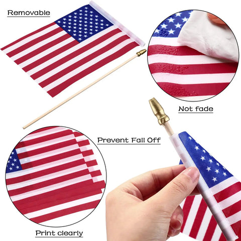 Cool 100 Pack Small American Flags On Sticks 8 By 12 Inch Mini US Flags with safety spear tip close-up and seamless fabric detail