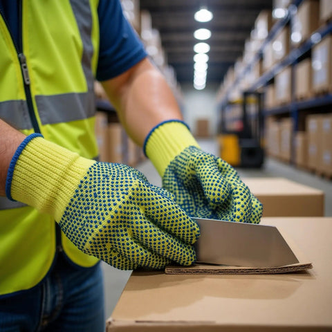 Yellow Medium Kevlar Knit Cut Resistant Work Gloves For Tough Jobs ANSI Rated Hand Protection From Glass Sheet Metal And Sharp Objects Heavy Duty Safety Gear You Can Trust being used to handle cardboard in a warehouse.