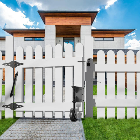 Spring Loaded Gate Wheel With 360 Degree Universal Mount for wooden gate, installed on white fence, black wheel visible