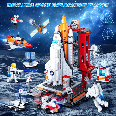 Epic Space Shuttle Build Kit For Kids 6 7 8 9 10 11 12 with 885 pieces, featuring rockets, astronauts, and launch tower setup.