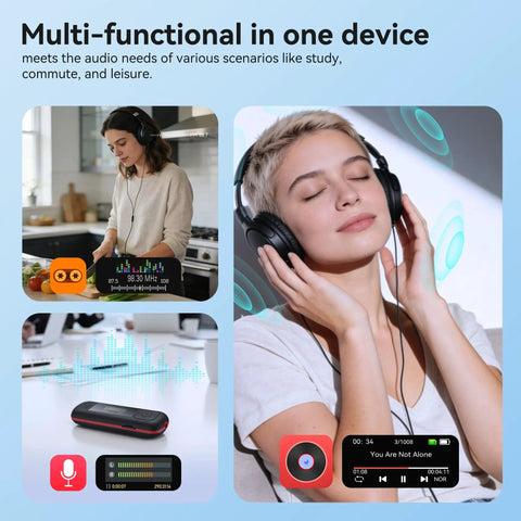 Collage showing people using 64GB USB C MP3 Player 2 In 1 Type C And USB Stick Music Player, Plug And Play during various activities.