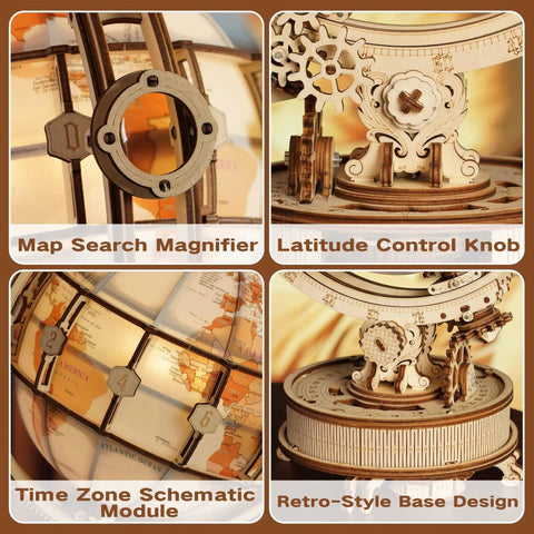 Luminous 3D Puzzle Globe Kit With USB Rotation Wooden Globe Craft For Adults And Teens 5 Hour Assembly Challenge, close-up of wooden globe details