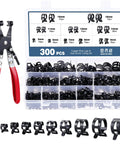 Hose clamp set with pliers, 300 pcs in storage box; black 5–18 mm clamps, Amazon brand tools