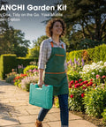 Person in garden with light green case from Light Green 10 Piece Garden Tool Set With Trowel Hoe Shovel And Rake For Indoor And Outdoor Gardening
