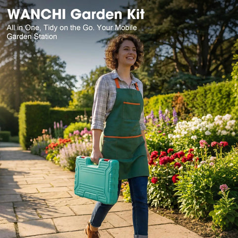 Person in garden with light green case from Light Green 10 Piece Garden Tool Set With Trowel Hoe Shovel And Rake For Indoor And Outdoor Gardening
