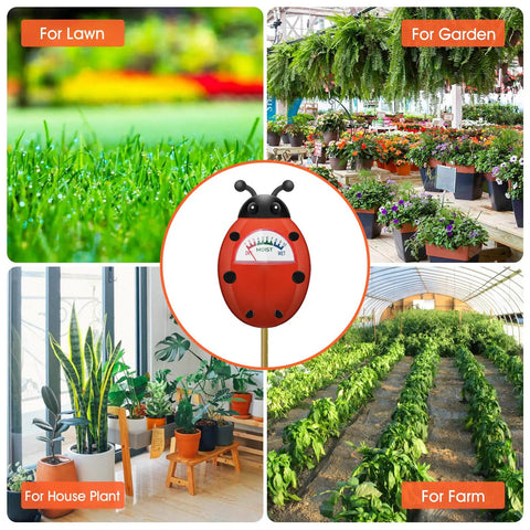Collage of Soil Moisture Meter For Plants with lawn, garden, houseplant and farm, Easy Watering Guide With Clear Reading Dial