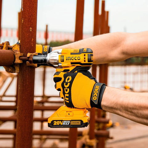 Person using 20V Cordless Impact Wrench Set With Brushless Motor Half Inch Drive Beefy Power Includes Two Batteries Fast Charger