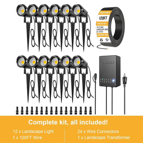 All In One Low Voltage Landscape Lighting Kit With 12 5W LEDs, 120 Ft Wire, 80W Transformer, Connectors, Waterproof Outdoor Spotlight
