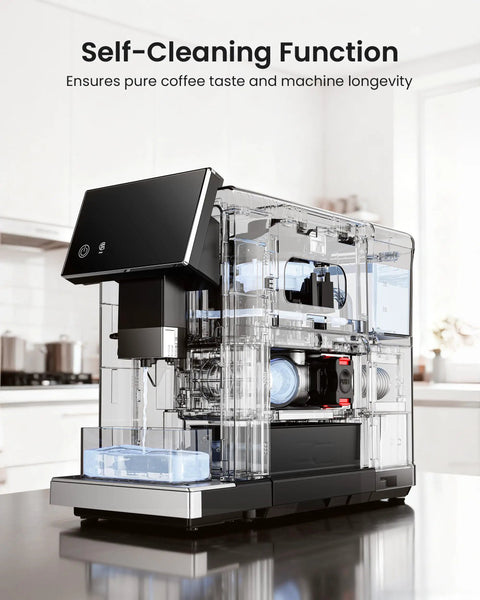 Supercharging Your Morning Ritual With This Fully Automatic Espresso Machine Featuring A Built In Grinder And OneTouch Milk Frother For Legit BaristaGrade Creations At Home, showing self-cleaning function.