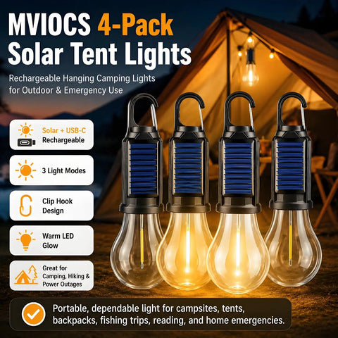 4 Pack Solar Camping Lanterns Portable LED USB Rechargeable Emergency Lights For Indoor And Outdoor Use