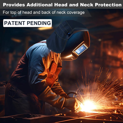 Welder wearing extended welding helmet cover with press fit seal for extra protection, blue flame retardant material, in action.