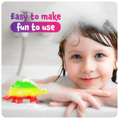 Kids Dinosaur Soap Making Kit For Fun DIY Bath Time Crafts Include Colorful T Rex Stegosaurus And Styracosaurus Soaps Learn Science While You Soak Playful Bath Toy Set girl in bubble bath with rainbow dinosaur soap