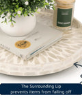 Mother Of Pearl Turntable Organizer Lazy Susan For Kitchen Countertop And Cabinet Storage With Capiz Shell Inlay And Blue Floral Pattern 12.5 Inch Coastal Nautical Style Durable Wood Core Smooth Spin And Easy Access displaying a close-up of surrounding lip with items