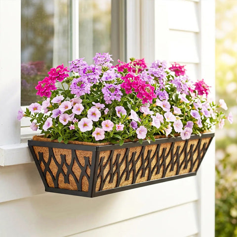 24 Inch Window Boxes Planters Two Pack With Adjustable Brackets For Porch Fence Patio Balcony Railing Planter Boxes With Coco Liners Hanging Flower Baskets Outdoor Garden Decor In Black mounted on a wall with colorful flowers.