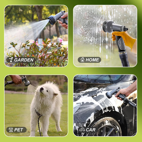 Relxitl 50ft black garden hose with 10-function spray nozzle; collage shows garden, home, pet, and car cleaning.