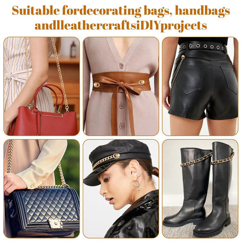 Various leather accessories showcasing leather craft hardware kit 12 D rings and 360 degree rotatable brass ball studs for DIY projects